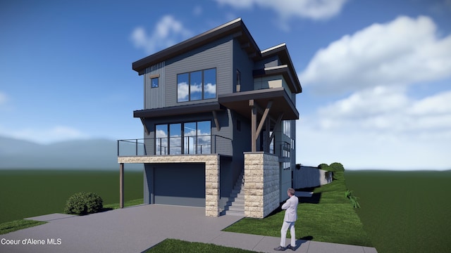 2761 W Lumber Ln, Coeur Dalene, ID 83814 - modern home featuring concrete driveway, a balcony, stone siding, a front lawn, and an attached garage