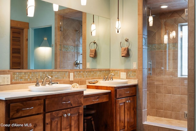 295 Sky Meadow Ln, Sagle, ID 83860 - full bathroom featuring vanity, a stall shower, and decorative backsplash