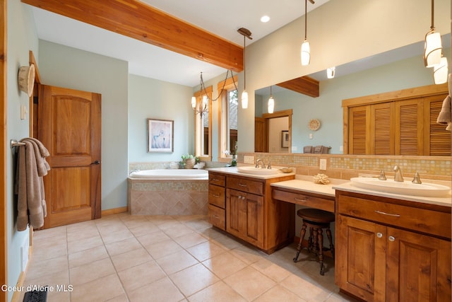 295 Sky Meadow Ln, Sagle, ID 83860 - full bath featuring beamed ceiling, double vanity, tile patterned flooring, a garden tub, and backsplash
