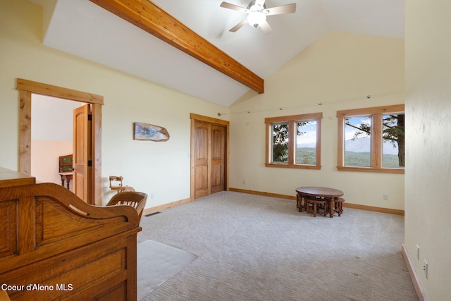 295 Sky Meadow Ln, Sagle, ID 83860 - bedroom with carpet flooring, baseboards, beam ceiling, a ceiling fan, and a closet