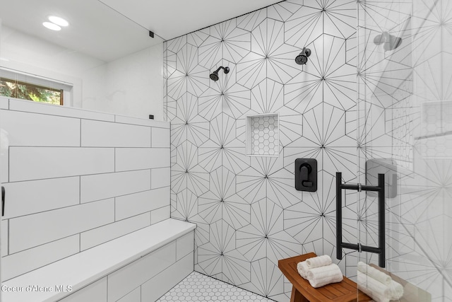 1113 N Lambert Ln, Coeur Dalene, ID 83814 - full bathroom featuring tiled shower, tile patterned flooring, tile walls, and recessed lighting