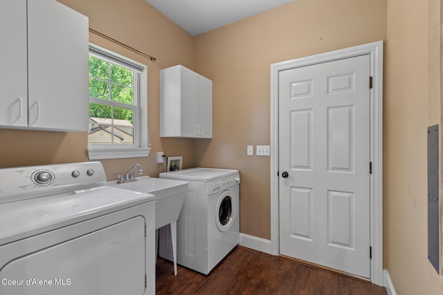 8511 N Summerfield Loop, Hayden, ID 83835 - laundry room featuring cabinet space, washer and dryer, dark wood-style flooring, and baseboards