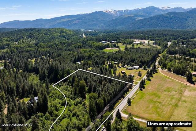490 Samuels Rd, Sandpoint, ID 83864 - aerial overview of property's location featuring a forest, mountains, and property parcel outlined