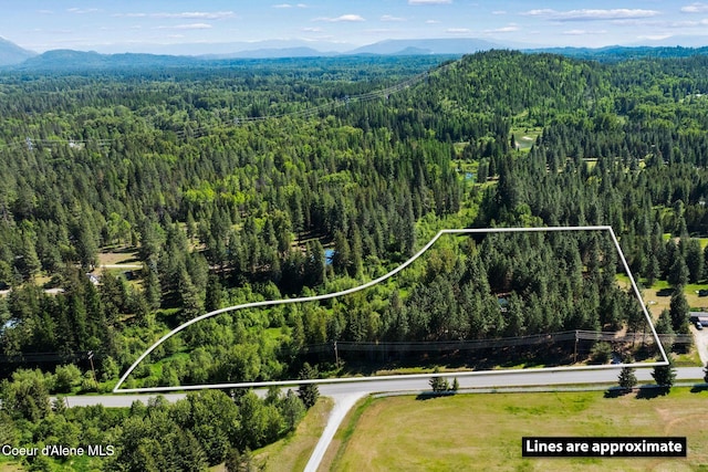 490 Samuels Rd, Sandpoint, ID 83864 - aerial view of property's location with a forest, property boundaries highlighted, and a mountain backdrop
