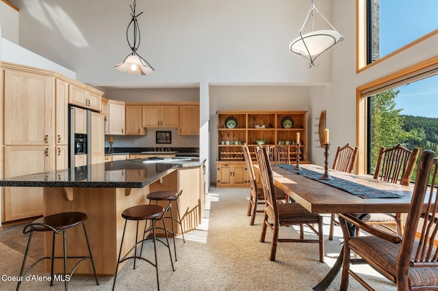227 Crystal Springs Rd # 3, Sandpoint, ID 83864 - kitchen featuring paneled built in fridge, light brown cabinetry, light carpet, a sink, and a towering ceiling