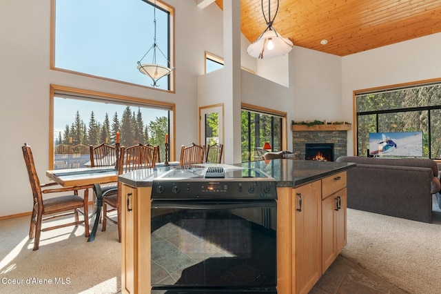 227 Crystal Springs Rd # 3, Sandpoint, ID 83864 - kitchen with electric range, dark countertops, wooden ceiling, a fireplace, and carpet flooring