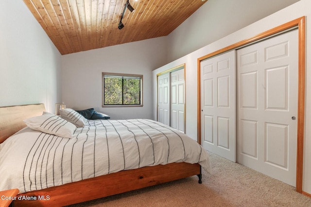227 Crystal Springs Rd # 3, Sandpoint, ID 83864 - carpeted bedroom with two closets, lofted ceiling, and wood ceiling
