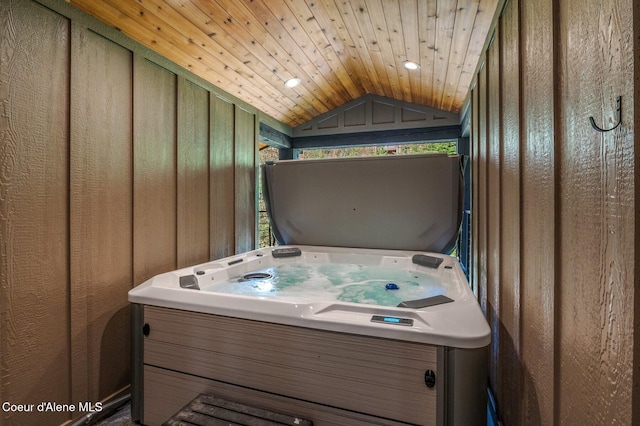 227 Crystal Springs Rd # 3, Sandpoint, ID 83864 - misc room with a hot tub, vaulted ceiling, wooden walls, recessed lighting, and wooden ceiling