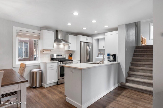 228 Snowgoose Ln Unit 8, Sandpoint, ID 83864 - kitchen with wall chimney range hood, appliances with stainless steel finishes, a sink, recessed lighting, and dark wood-style flooring