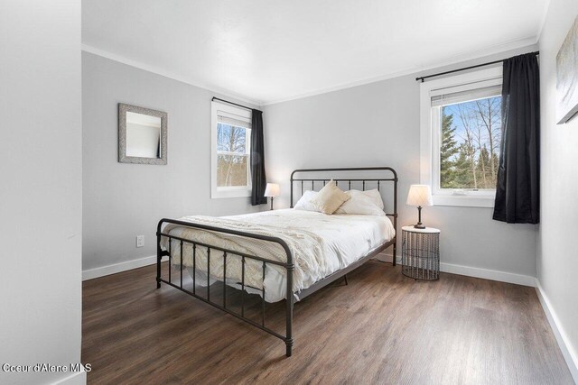 228 Snowgoose Ln Unit 8, Sandpoint, ID 83864 - bedroom featuring ornamental molding, wood finished floors, baseboards, and multiple windows
