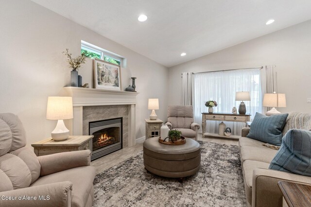 5835 E Steamboat Bnd, Post Falls, ID 83854 - living area featuring a fireplace, lofted ceiling, and recessed lighting