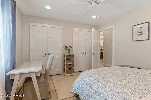 5835 E Steamboat Bnd, Post Falls, ID 83854 - bedroom featuring multiple closets, ceiling fan, recessed lighting, and light wood-style flooring