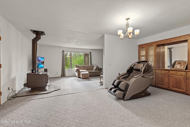15248 N Atlas Rd, Rathdrum, ID 83858 - living area featuring a wood stove, light colored carpet, and a chandelier