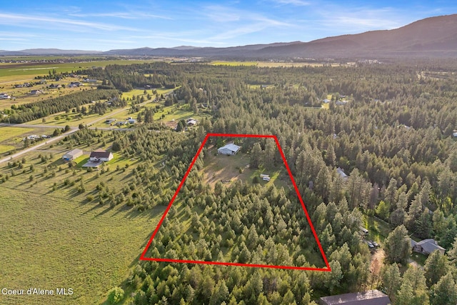 15248 N Atlas Rd, Rathdrum, ID 83858 - aerial view of property and surrounding area featuring property boundaries highlighted, a forest, and a mountainous background