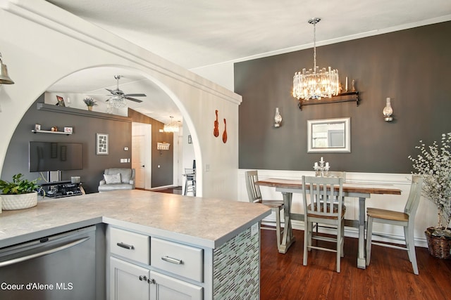 500 N Elm Rd, Post Falls, ID 83854 - kitchen with stainless steel dishwasher, ceiling fan, a chandelier, and arched walkways