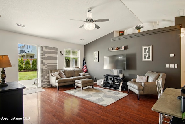 500 N Elm Rd, Post Falls, ID 83854 - living area featuring ceiling fan, dark wood-style flooring, and vaulted ceiling