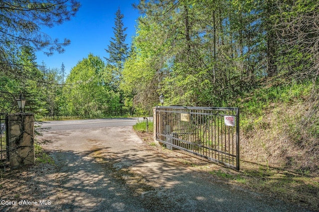 16529 N Triangle 7 Rd, Hayden, ID 83835 - view of street with a gate, street lights, a forest view, and a gated entry