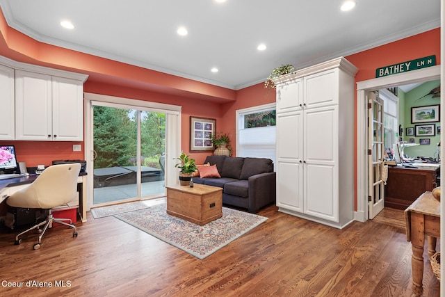 2177 E Totten Ln, Dalton Gardens, ID 83815 - living area with ornamental molding, an office area, wood finished floors, and recessed lighting