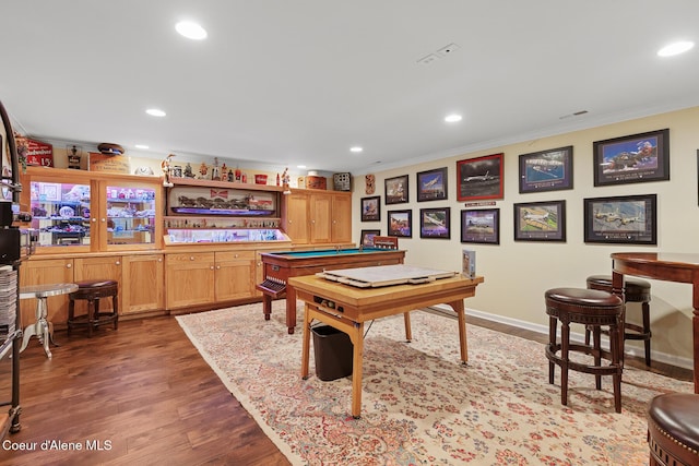 2177 E Totten Ln, Dalton Gardens, ID 83815 - recreation room featuring crown molding, billiards table, wood finished floors, recessed lighting, and baseboards