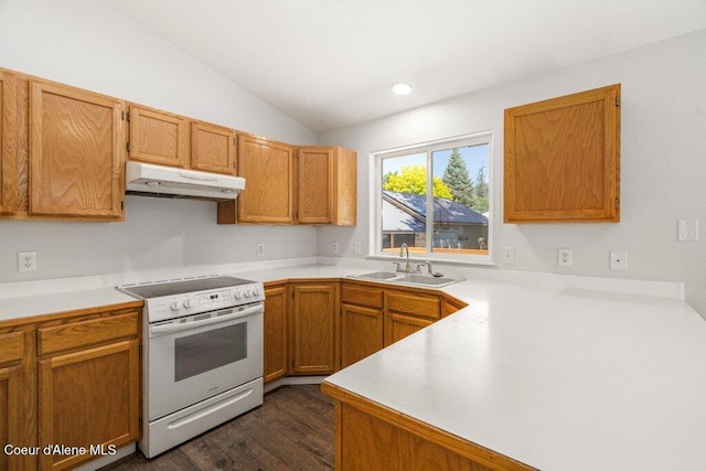 7349 W Crenshaw St, Rathdrum, ID 83858 - kitchen featuring white electric range, under cabinet range hood, a sink, vaulted ceiling, and light countertops