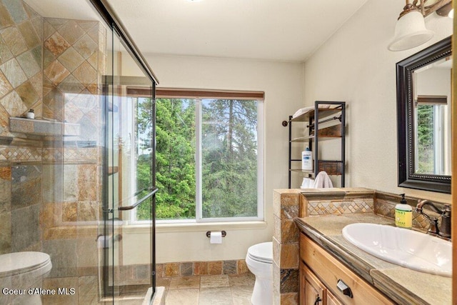4987 S Bay Pointe Way, Coeur Dalene, ID 83814 - full bathroom with toilet, vanity, a shower stall, and stone tile floors