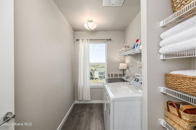 21367 E Acadia Ct, Liberty Lake, WA 99019 - laundry area with washing machine and dryer, dark wood finished floors, and baseboards