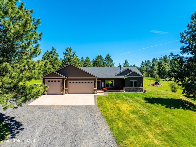 15268 S Potter Rd, Coeur Dalene, ID 83814 - ranch-style home featuring concrete driveway, a garage, a front lawn, stone siding, and a porch