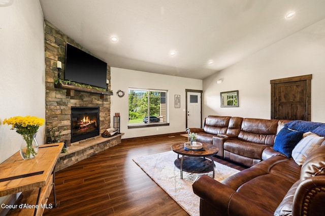 15268 S Potter Rd, Coeur Dalene, ID 83814 - living room with lofted ceiling, wood finished floors, a fireplace, and recessed lighting
