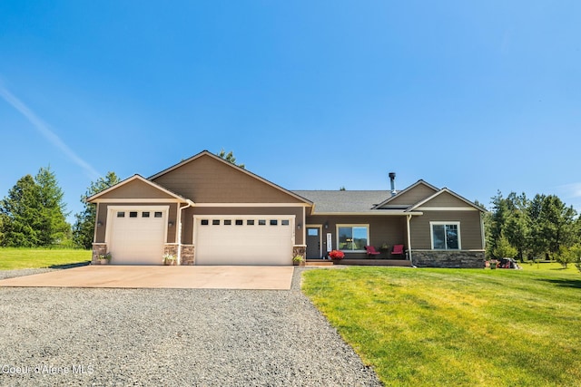15268 S Potter Rd, Coeur Dalene, ID 83814 - ranch-style home featuring stone siding, concrete driveway, an attached garage, and a front lawn