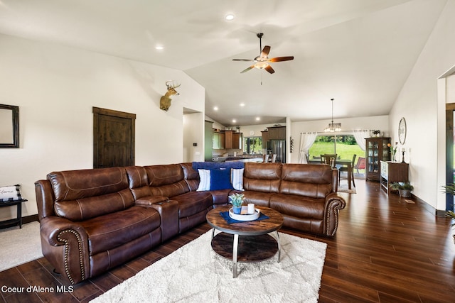 15268 S Potter Rd, Coeur Dalene, ID 83814 - living area with lofted ceiling, a ceiling fan, dark wood finished floors, baseboards, and recessed lighting