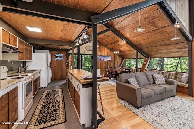 852 Woodland Dr, Sandpoint, ID 83864 - kitchen with white appliances, under cabinet range hood, wood ceiling, healthy amount of natural light, and wooden walls