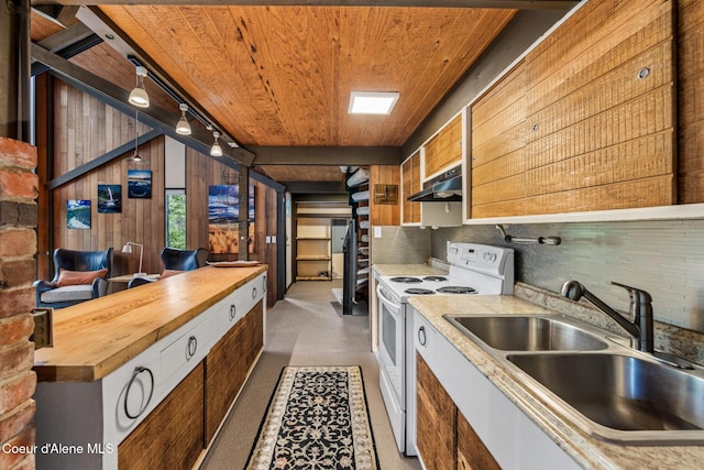 852 Woodland Dr, Sandpoint, ID 83864 - kitchen featuring a sink, electric stove, wood ceiling, butcher block counters, and under cabinet range hood
