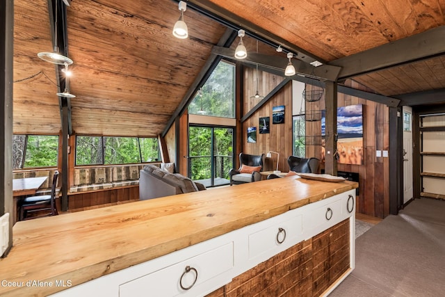 852 Woodland Dr, Sandpoint, ID 83864 - interior space featuring wood counters, wood ceiling, open floor plan, vaulted ceiling, and carpet