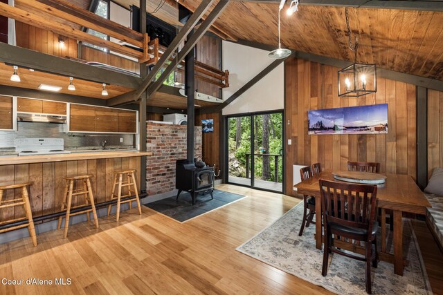 852 Woodland Dr, Sandpoint, ID 83864 - dining room featuring a wood stove, high vaulted ceiling, wood finished floors, wooden walls, and wood ceiling