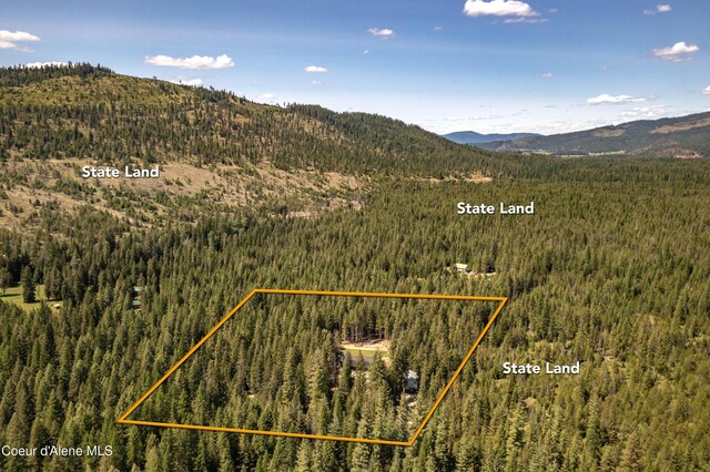 245 Lost Creek Ln, Priest River, ID 83856 - aerial overview of property's location featuring a forest, a mountain backdrop, and property parcel outlined
