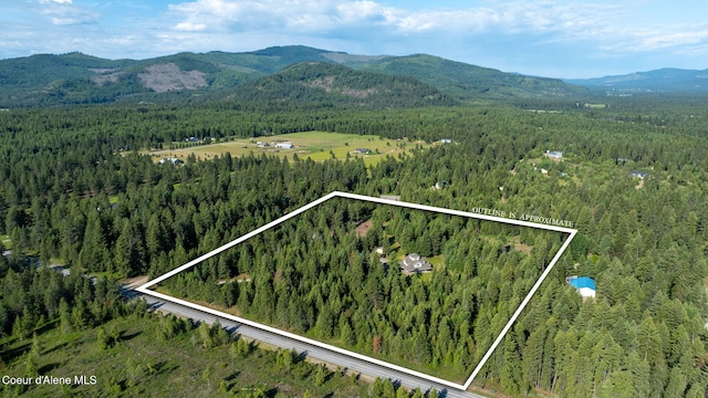13 Park Dr, Spirit Lake, ID 83869 - aerial view of property and surrounding area with a forest, mountains, and property parcel outlined