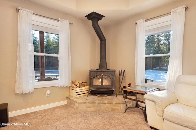 13 Park Dr, Spirit Lake, ID 83869 - sitting room featuring a wood stove, carpet, and baseboards