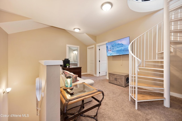 13 Park Dr, Spirit Lake, ID 83869 - living area featuring light carpet, stairs, and baseboards