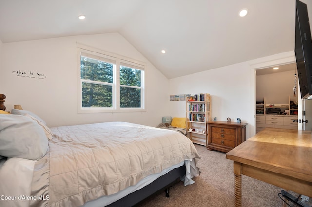 13 Park Dr, Spirit Lake, ID 83869 - bedroom featuring light carpet, vaulted ceiling, and recessed lighting