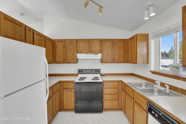 3203 N 12th St, Coeur Dalene, ID 83815 - kitchen with white appliances, under cabinet range hood, vaulted ceiling, light countertops, and light marble finish flooring