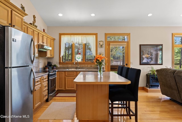 9307 Lakeshore Dr, Sagle, ID 83860 - kitchen featuring appliances with stainless steel finishes, under cabinet range hood, light wood-style flooring, plenty of natural light, and recessed lighting