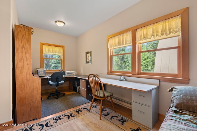 9307 Lakeshore Dr, Sagle, ID 83860 - office with a baseboard radiator, wood finished floors, and built in study area