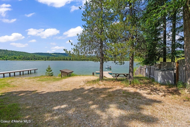 9307 Lakeshore Dr, Sagle, ID 83860 - view of yard featuring a water view, a dock, and a wooded view