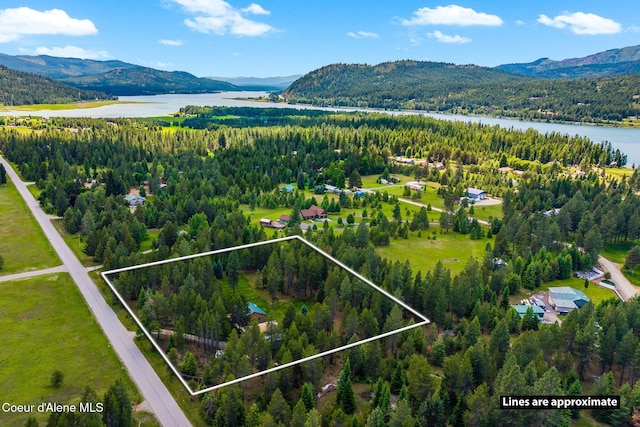 9307 Lakeshore Dr, Sagle, ID 83860 - aerial view of property and surrounding area featuring a water and mountain view and property boundaries highlighted