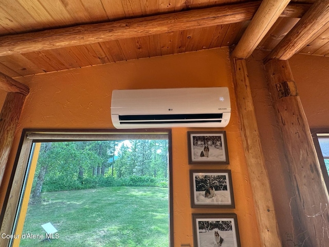 197 Berry Hl, Cocolalla, ID 83813 - detailed view of a wall mounted air conditioner and a wood ceiling with exposed beams