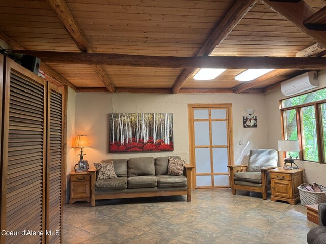 197 Berry Hl, Cocolalla, ID 83813 - living area with a wall mounted air conditioner, a wood ceiling with exposed beams, and light stone finish floors