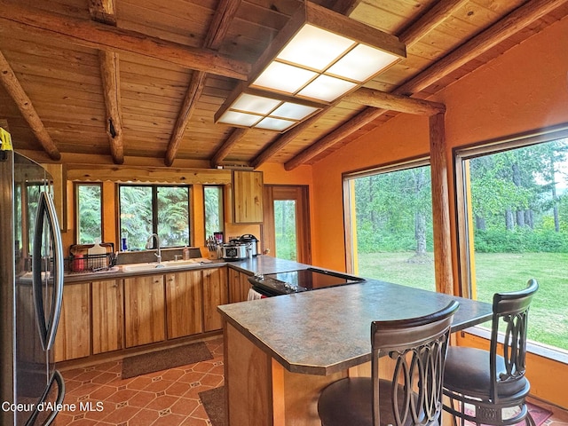 197 Berry Hl, Cocolalla, ID 83813 - kitchen featuring freestanding refrigerator, wooden ceiling, brown cabinetry, a peninsula, and stove