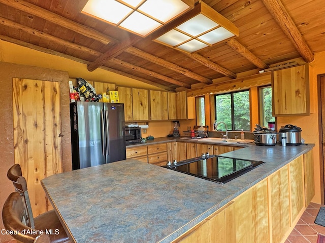 197 Berry Hl, Cocolalla, ID 83813 - kitchen with stainless steel appliances, wooden ceiling, a peninsula, dark tile patterned floors, and dark countertops