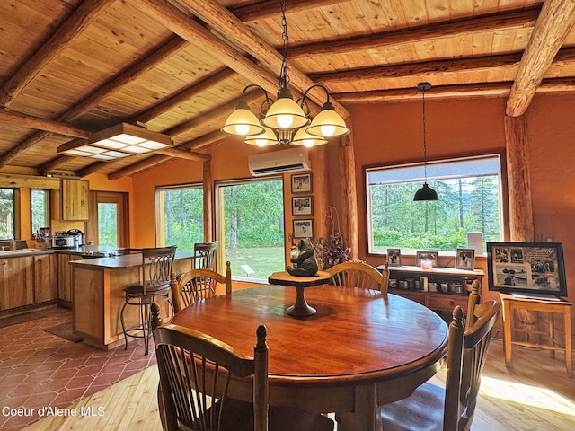 197 Berry Hl, Cocolalla, ID 83813 - dining space with wood ceiling, a wall mounted air conditioner, and dark wood-type flooring