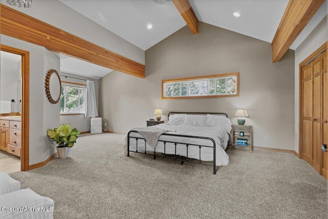 106 Stewart Dr, Blanchard, ID 83804 - bedroom featuring light colored carpet, baseboards, recessed lighting, and ensuite bathroom